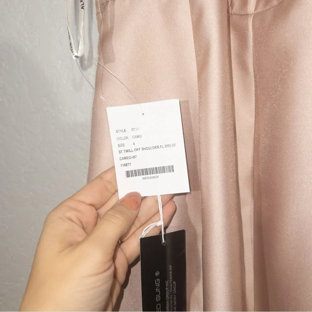 NWT Alfred Sung Cameo Satin Off The Shoulder Floor Length Gown Size 4 - Picture 7 of 9